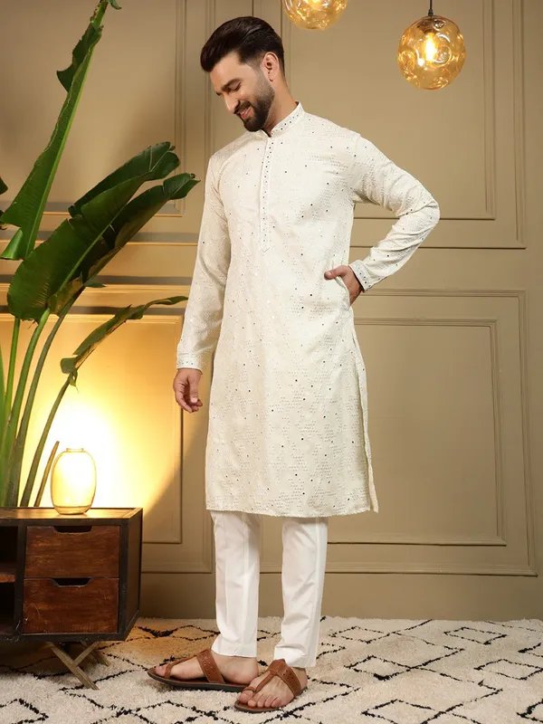 cream_-_Star_Silk_Straight_Embroidered_Kurta_For_Men
