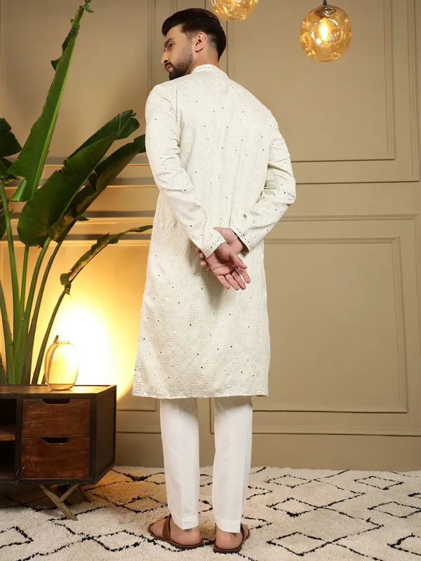 cream_-_Star_Silk_Straight_Embroidered_Kurta_For_Men