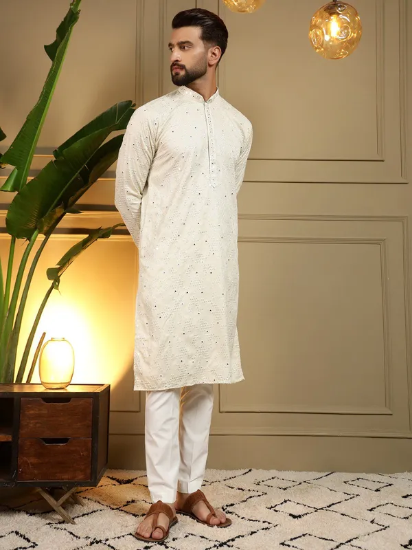 cream_-_Star_Silk_Straight_Embroidered_Kurta_For_Men
