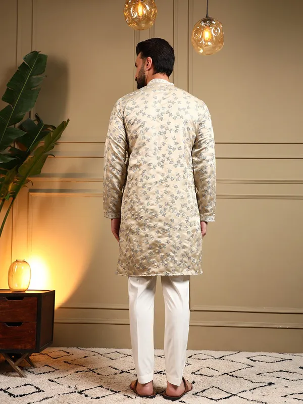cream__white-_Star_Silk_Straight_Embroidered_Kurta_For_Men