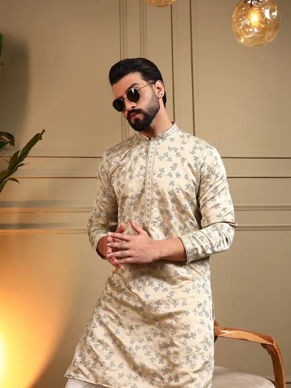 cream__white-_Star_Silk_Straight_Embroidered_Kurta_For_Men
