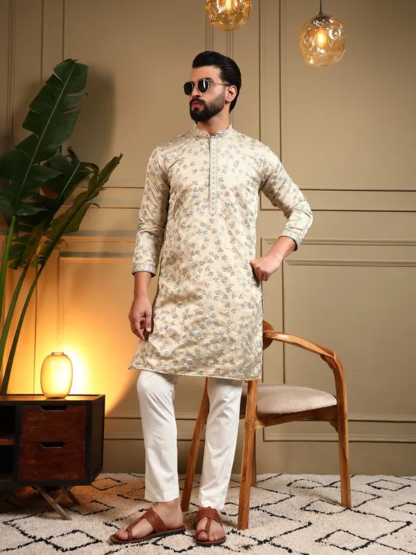 cream__white-_Star_Silk_Straight_Embroidered_Kurta_For_Men
