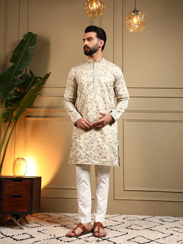 cream__white-_Star_Silk_Straight_Embroidered_Kurta_For_Men