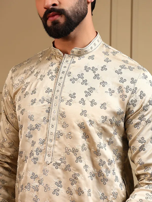 cream__white-_Star_Silk_Straight_Embroidered_Kurta_For_Men