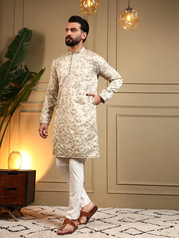cream__white-_Star_Silk_Straight_Embroidered_Kurta_For_Men