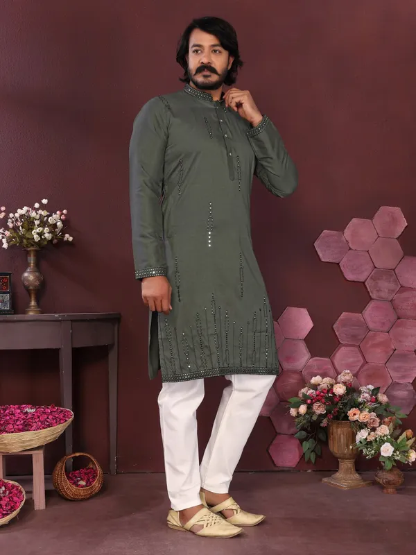 grey_green-_Star_Silk_Straight_Embroidered_Kurta_For_Men