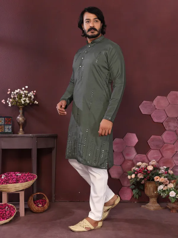 grey_green-_Star_Silk_Straight_Embroidered_Kurta_For_Men