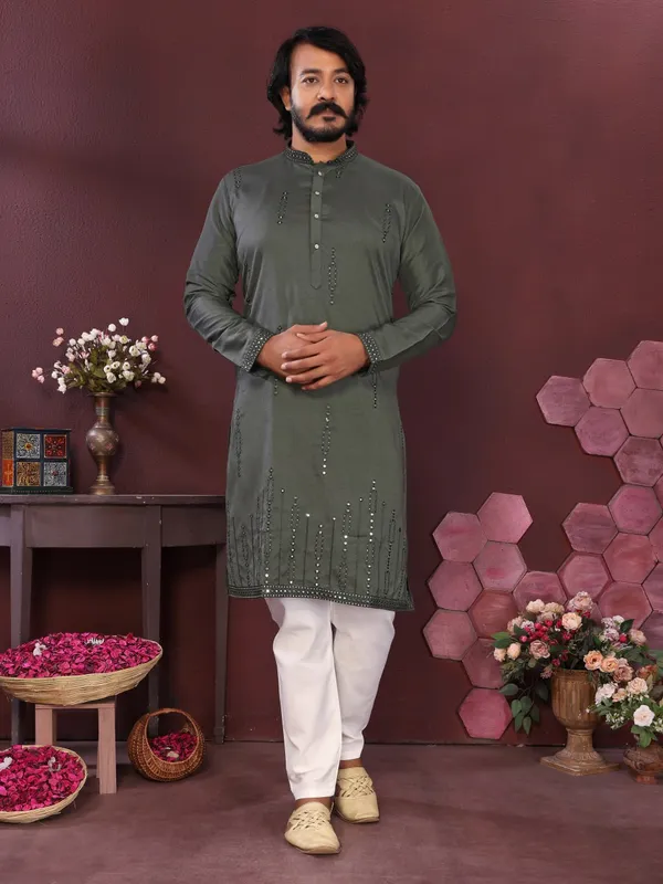 grey_green-_Star_Silk_Straight_Embroidered_Kurta_For_Men