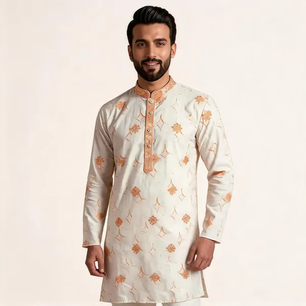 Cream_Star_Silk_Straight_Printed_Kurta_Pajama_Set_For_Men