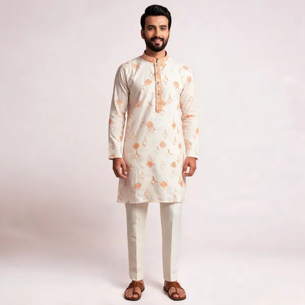 Cream_Star_Silk_Straight_Printed_Kurta_Pajama_Set_For_Men
