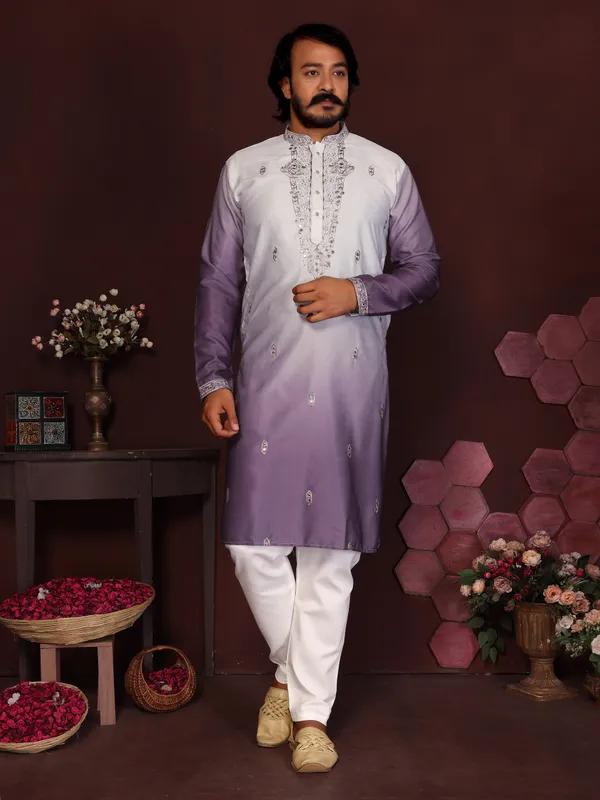 lavender-_Star_Silk_Straight_Embroidered_Kurta_For_Men