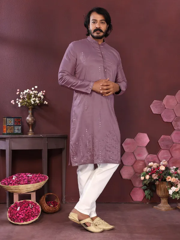 lavender-_Star_Silk_Straight_Embroidered_Kurta_For_Men