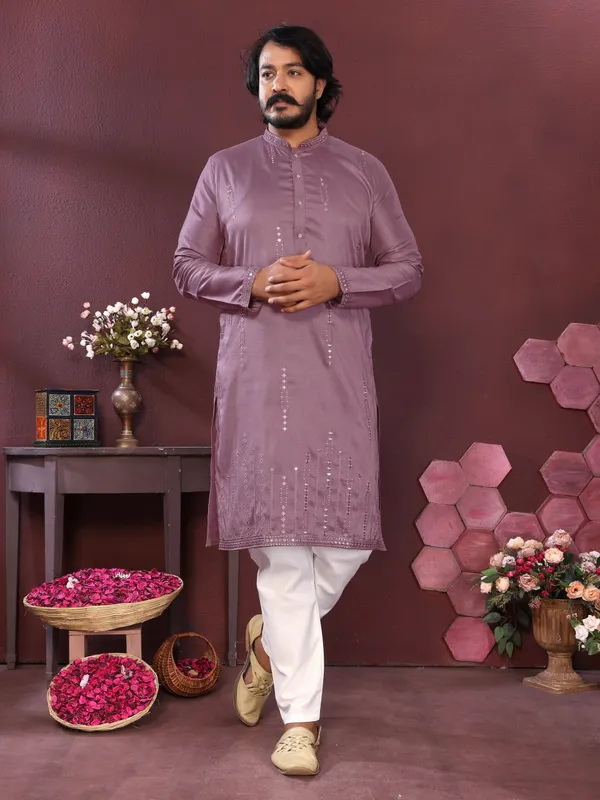 lavender-_Star_Silk_Straight_Embroidered_Kurta_For_Men