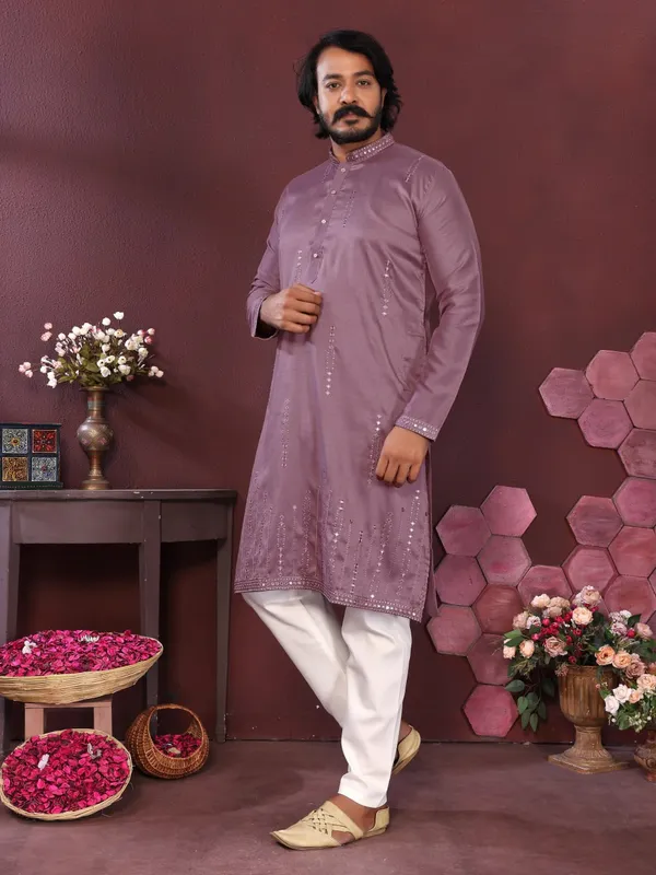lavender-_Star_Silk_Straight_Embroidered_Kurta_For_Men