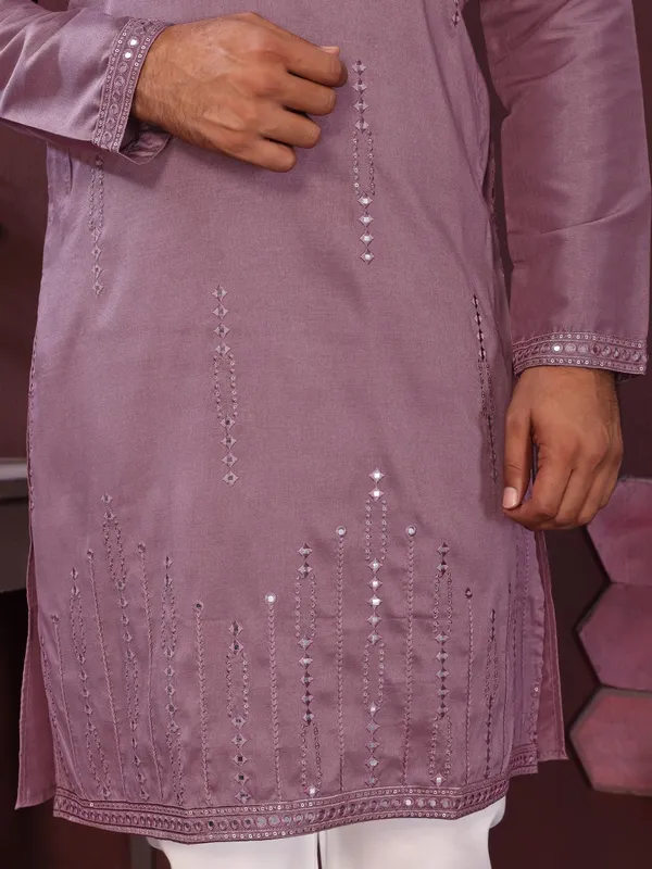 lavender-_Star_Silk_Straight_Embroidered_Kurta_For_Men