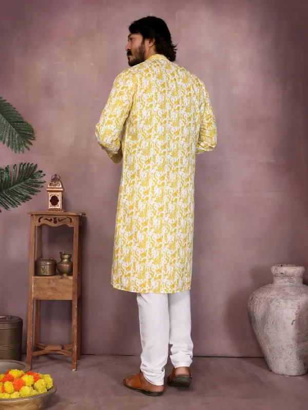 lemmon_yellow-_Star_Silk_Straight_Embroidered_Kurta_For_Men