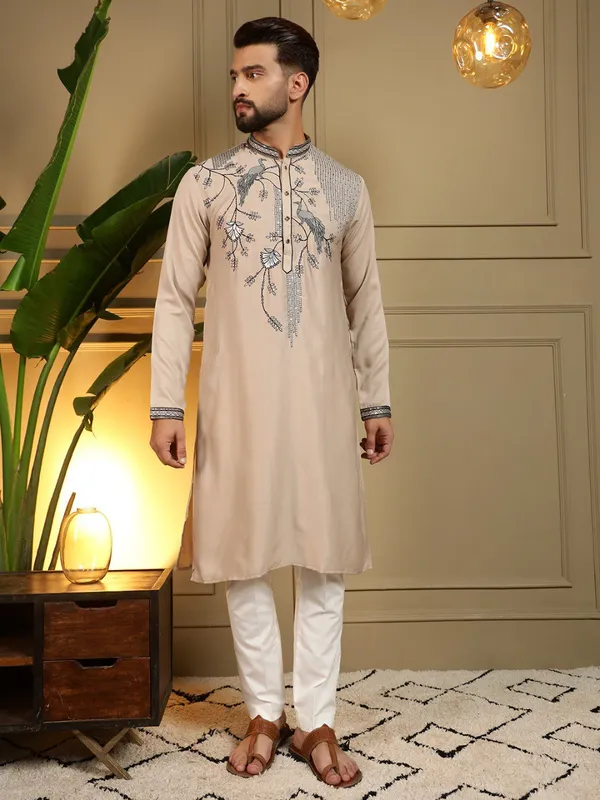 light_grey-_Star_Silk_Straight_Embroidered_Kurta_For_Men
