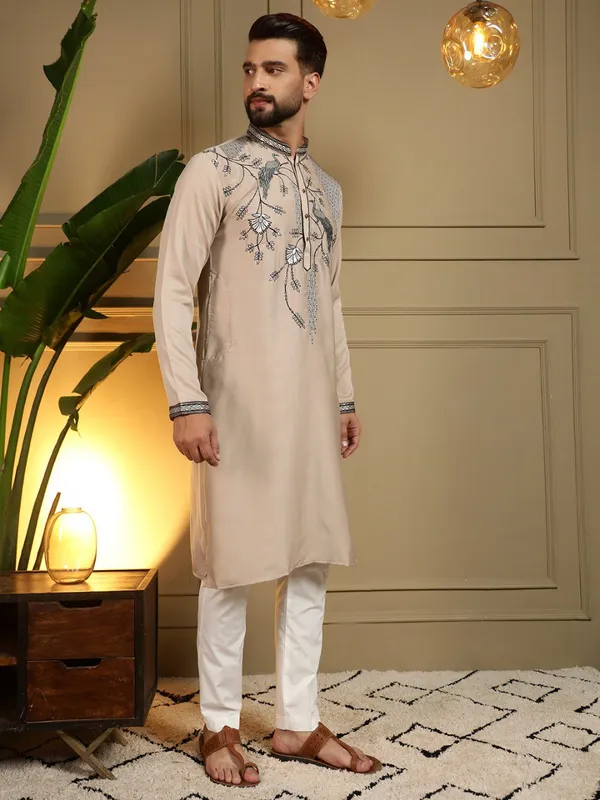 light_grey-_Star_Silk_Straight_Embroidered_Kurta_For_Men