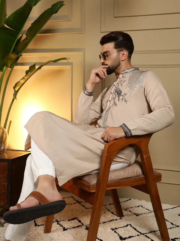 light_grey-_Star_Silk_Straight_Embroidered_Kurta_For_Men