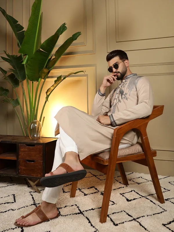 light_grey-_Star_Silk_Straight_Embroidered_Kurta_For_Men