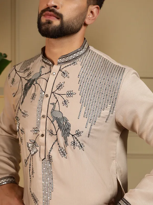 light_grey-_Star_Silk_Straight_Embroidered_Kurta_For_Men