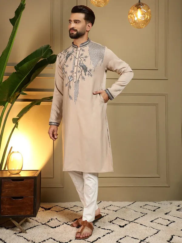 light_grey-_Star_Silk_Straight_Embroidered_Kurta_For_Men