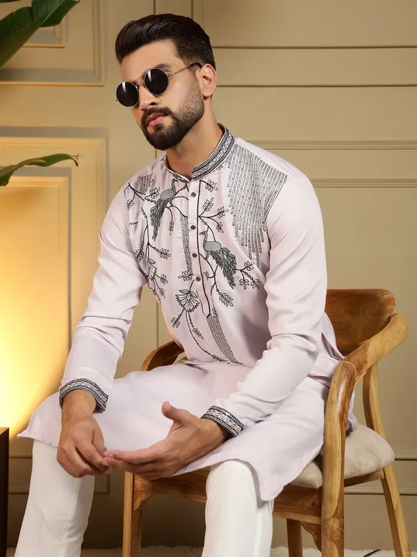 light_lavender-_Star_Silk_Straight_Embroidered_Kurta_For_Men
