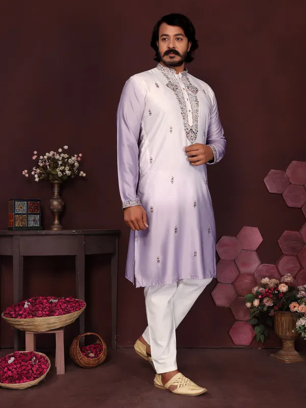 light_lavender-_Star_Silk_Straight_Embroidered_Kurta_For_Men