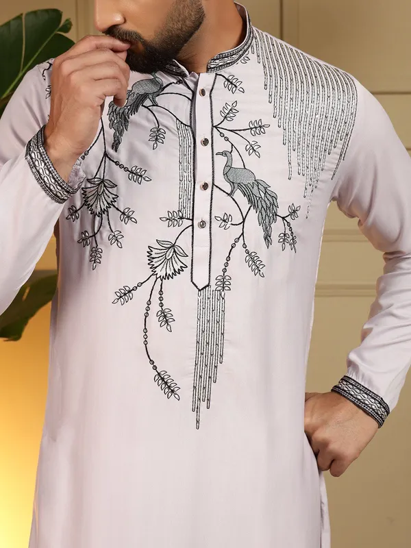 light_lavender-_Star_Silk_Straight_Embroidered_Kurta_For_Men