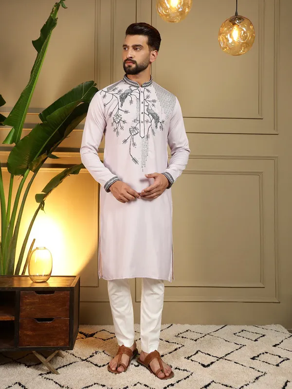 light_lavender-_Star_Silk_Straight_Embroidered_Kurta_For_Men