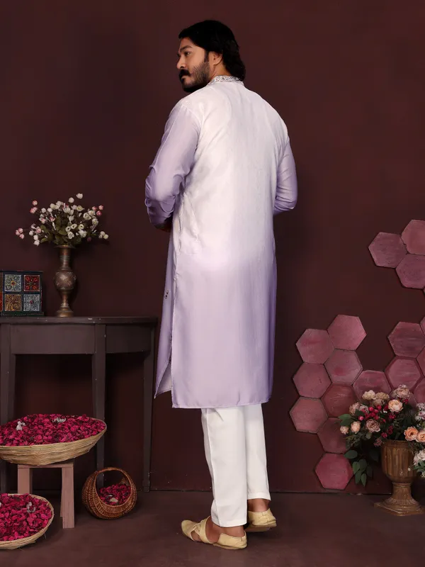 light_lavender-_Star_Silk_Straight_Embroidered_Kurta_For_Men