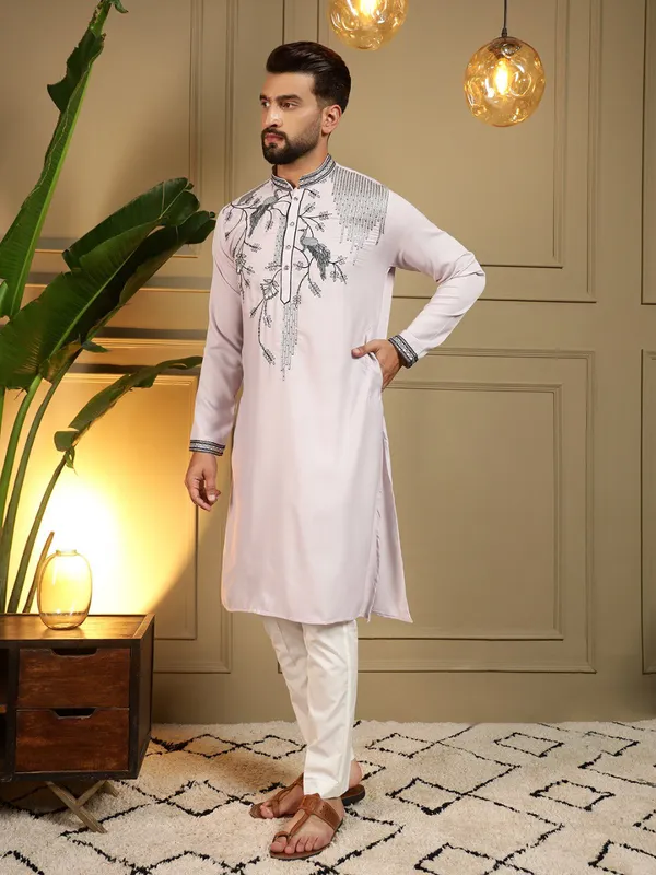 light_lavender-_Star_Silk_Straight_Embroidered_Kurta_For_Men