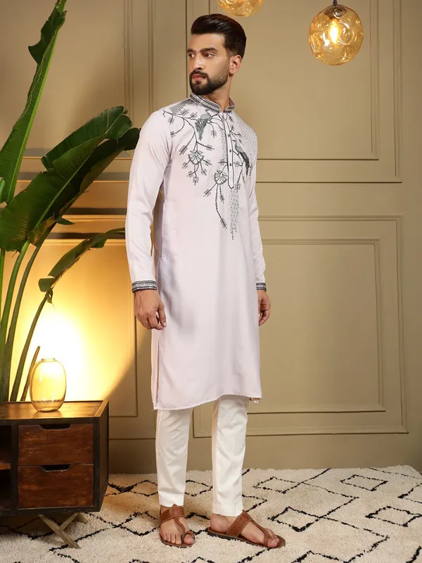 light_lavender-_Star_Silk_Straight_Embroidered_Kurta_For_Men