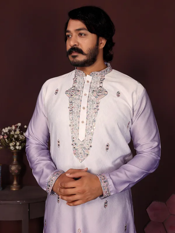 light_lavender-_Star_Silk_Straight_Embroidered_Kurta_For_Men