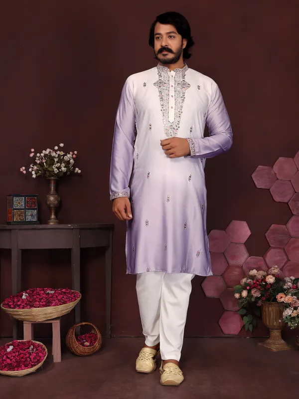 light_lavender-_Star_Silk_Straight_Embroidered_Kurta_For_Men