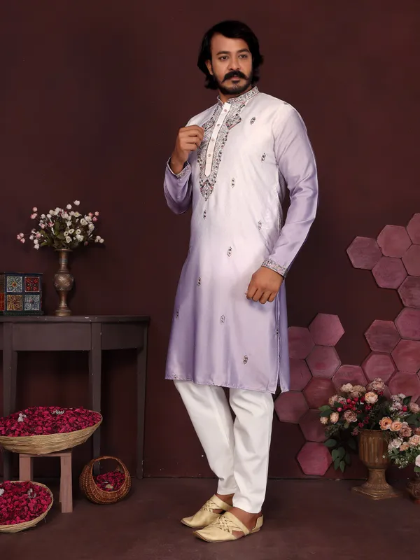 light_lavender-_Star_Silk_Straight_Embroidered_Kurta_For_Men