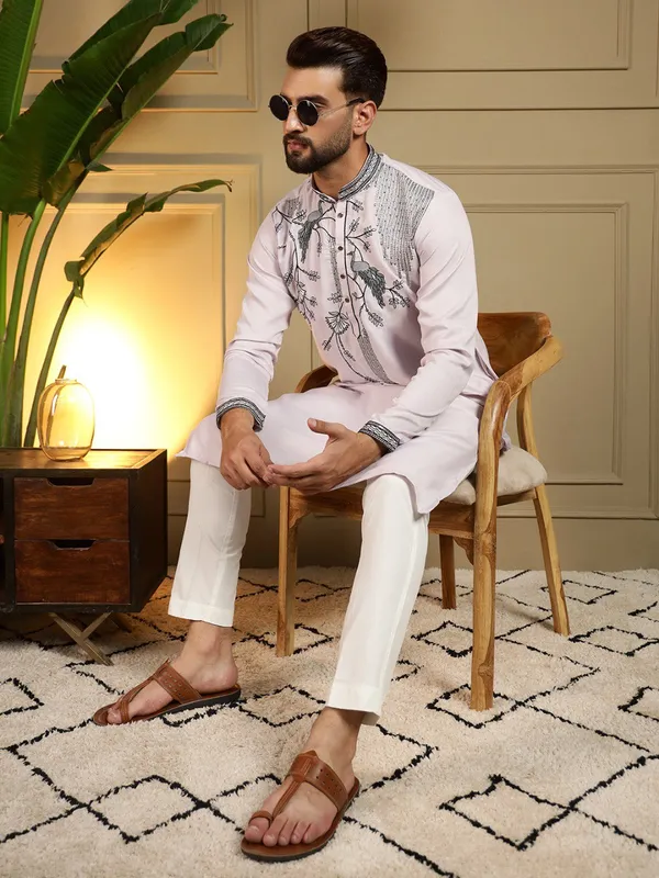 light_lavender-_Star_Silk_Straight_Embroidered_Kurta_For_Men