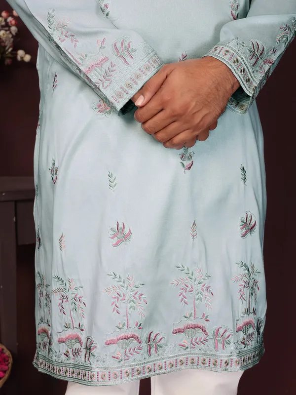 light_mint_green-_Star_Silk_Straight_Embroidered_Kurta_For_Men