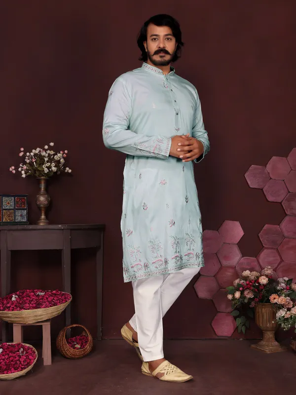 light_mint_green-_Star_Silk_Straight_Embroidered_Kurta_For_Men