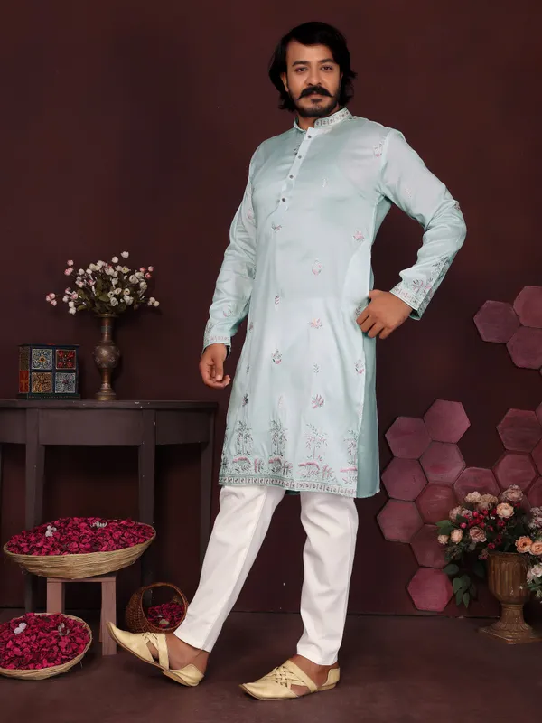 light_mint_green-_Star_Silk_Straight_Embroidered_Kurta_For_Men