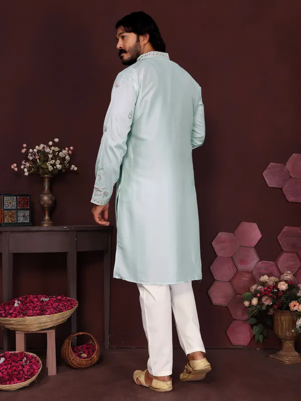 light_mint_green-_Star_Silk_Straight_Embroidered_Kurta_For_Men