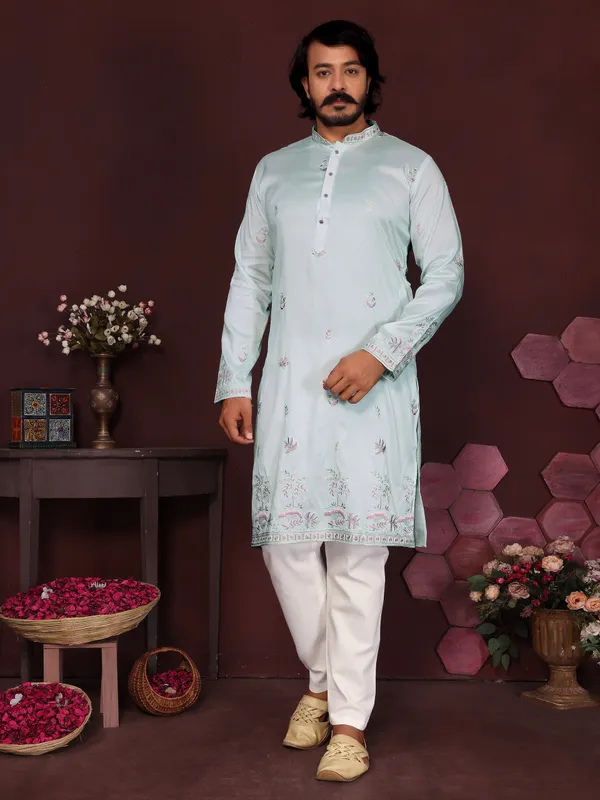 light_mint_green-_Star_Silk_Straight_Embroidered_Kurta_For_Men