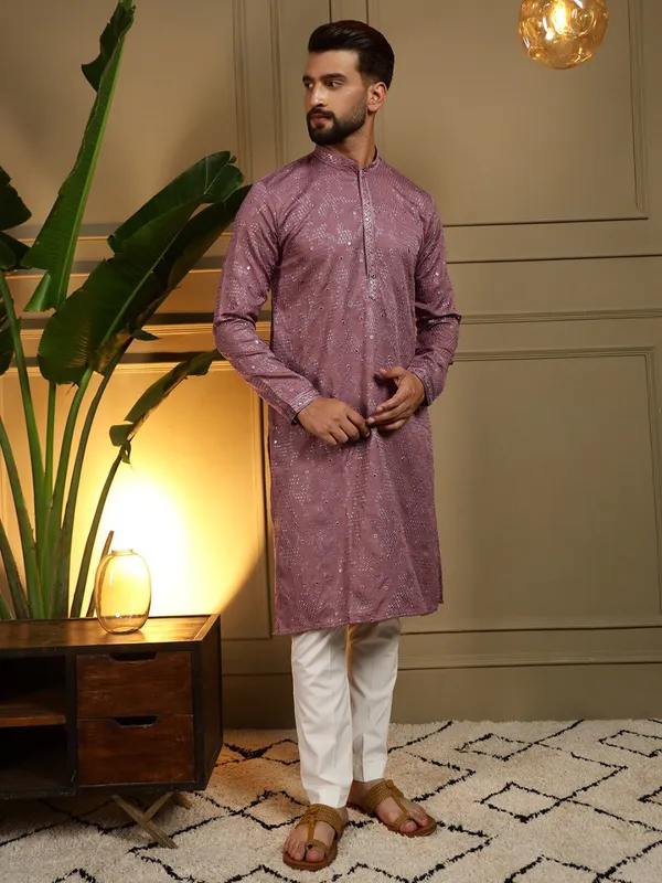 light_purple-_Star_Silk_Straight_Embroidered_Kurta_For_Men