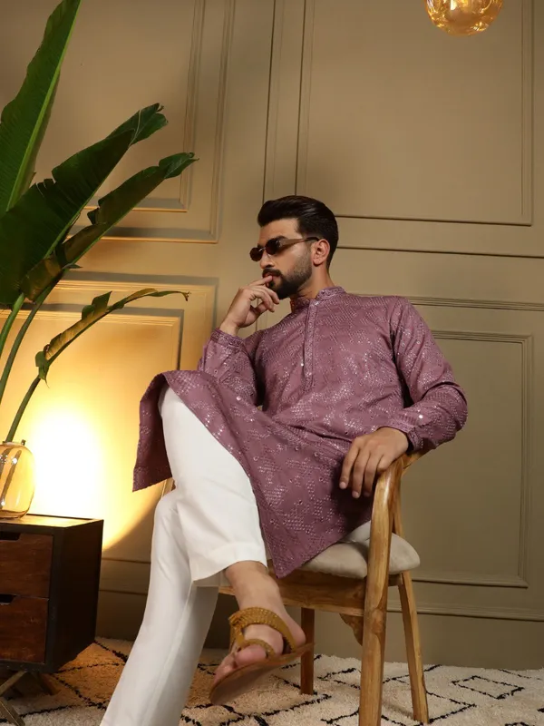 light_purple-_Star_Silk_Straight_Embroidered_Kurta_For_Men