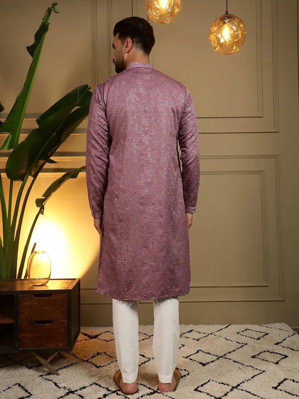 light_purple-_Star_Silk_Straight_Embroidered_Kurta_For_Men