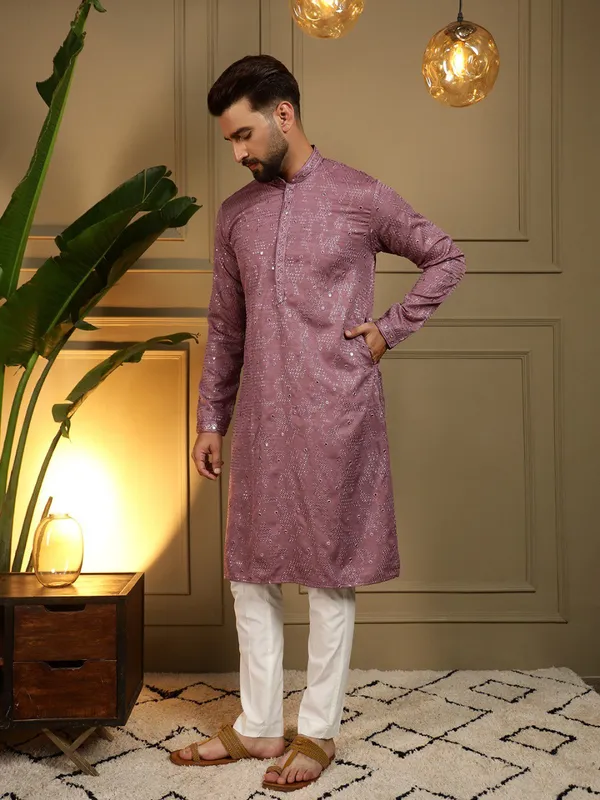 light_purple-_Star_Silk_Straight_Embroidered_Kurta_For_Men