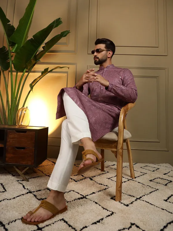 light_purple-_Star_Silk_Straight_Embroidered_Kurta_For_Men
