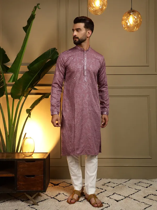 light_purple-_Star_Silk_Straight_Embroidered_Kurta_For_Men