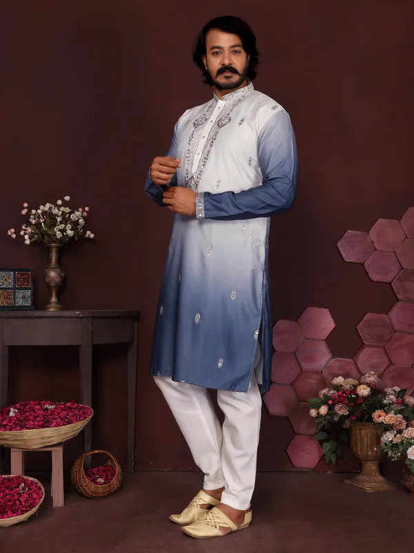 light_sky_blue-_Star_Silk_Straight_Embroidered_Kurta_For_Men