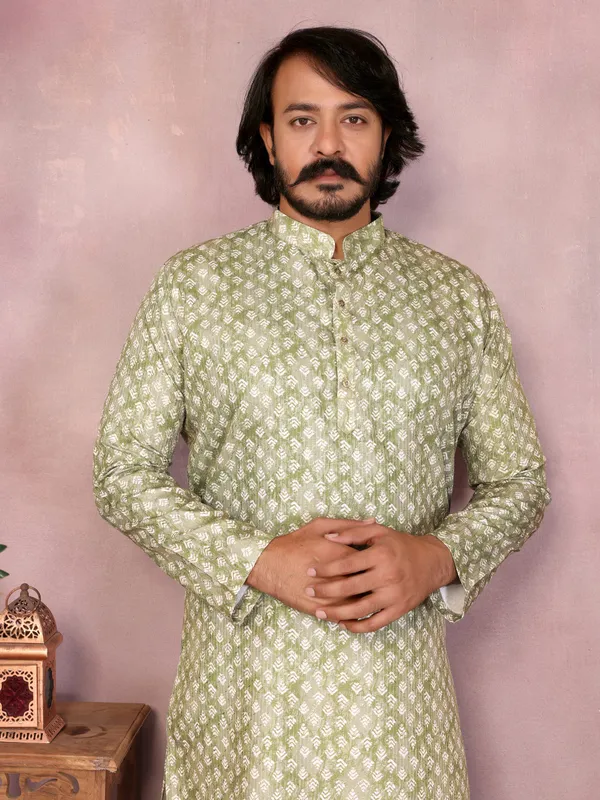 lime_green-_Star_Silk_Straight_Embroidered_Kurta_For_Men